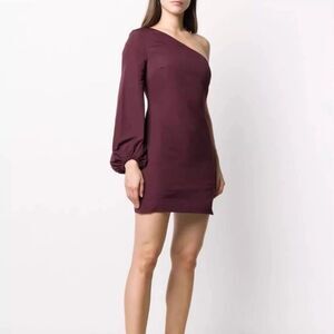 Staud Paula One-Shoulder Asymmetrical Mini Dress in Merlot (Purple / Burgundy)